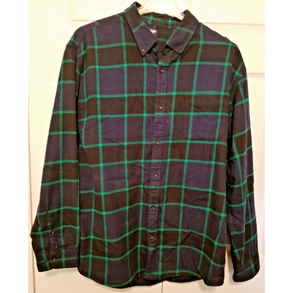 Lands End Men's Flannel Shirt Plaid Navy & Green Long OEKO-TEX Cotton Size XXL
